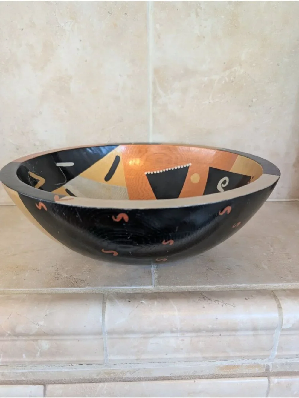 Handcrafted Wooden Decorative Bowl Painted with Tribal Designs Studio Art OOAK